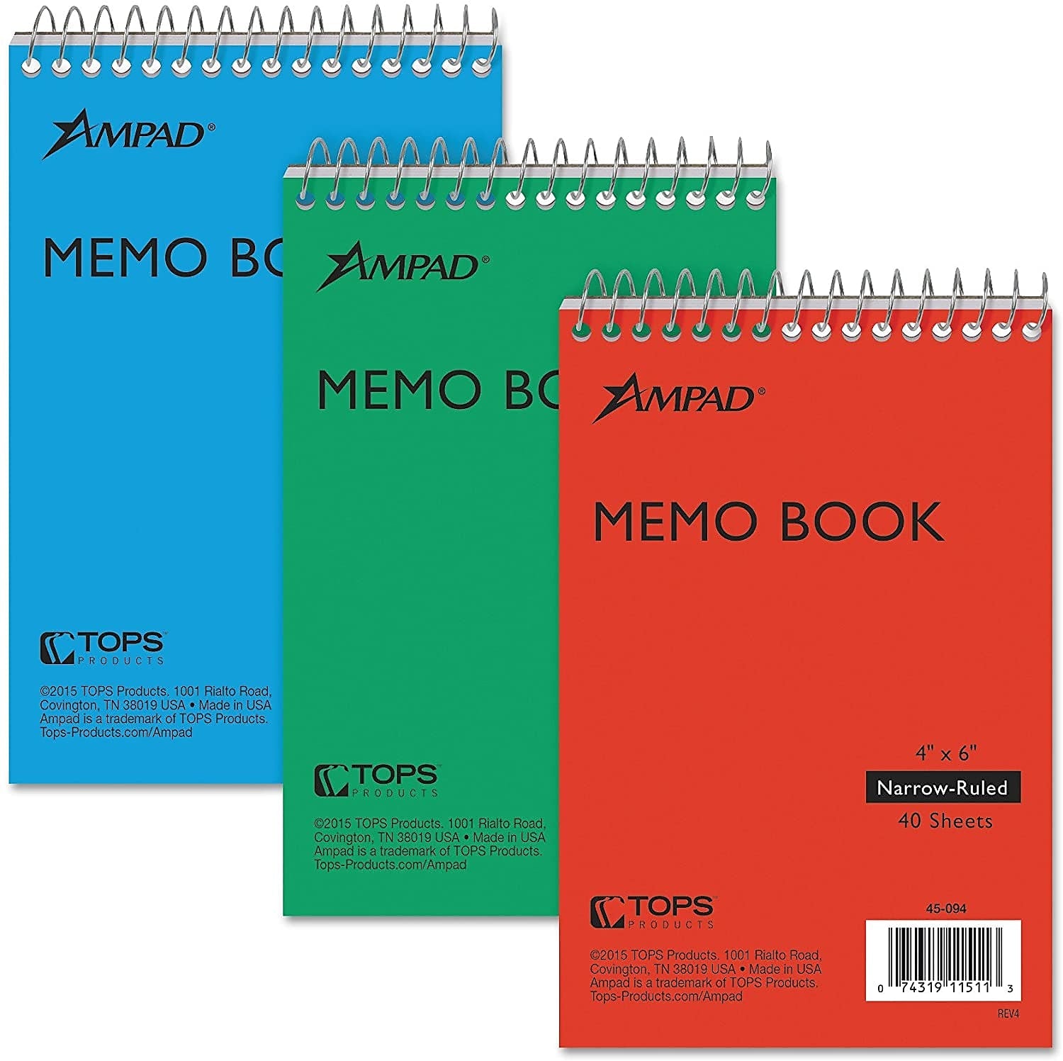 Ampad Memo Books, 4" x 6", Narrow Ruled, Assorted Colors, 40 Sheets/Pad, 3 Pads/Pack (AMP45094)