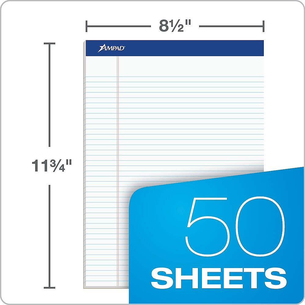Ampad Notepad, 8.5" x 11.75", Narrow Ruled, White, 50 Sheets/Pad, 12 Pads/Pack (20-322)