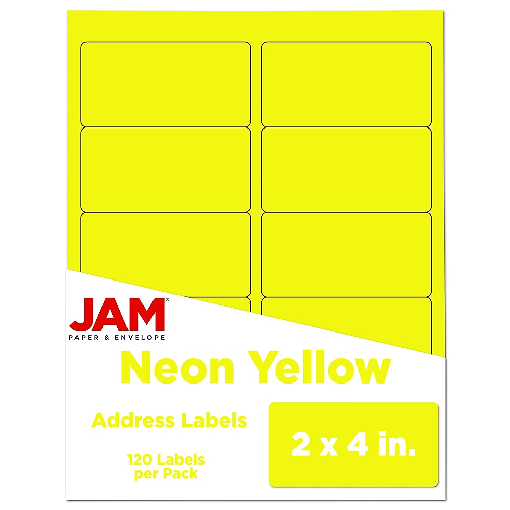 JAM Paper Laser/Inkjet Shipping Labels, 2" x 4", Neon Yellow, 10 Labels/Sheet, 12 Sheets/Pack (3543282)