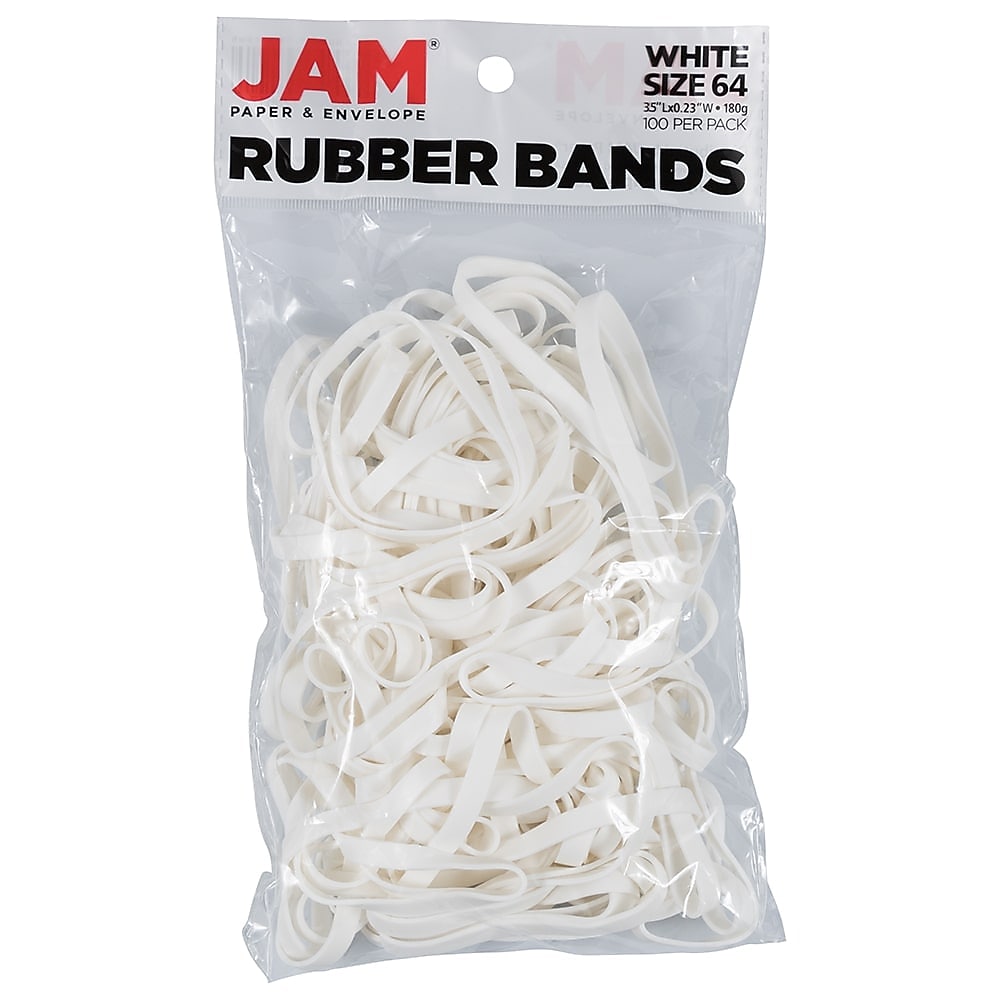 JAM Paper Colored Multi-Purpose #64 Rubber Bands, 3.5" x 0.25", Non-Latex, White, 100/Pack (33364RBWH)