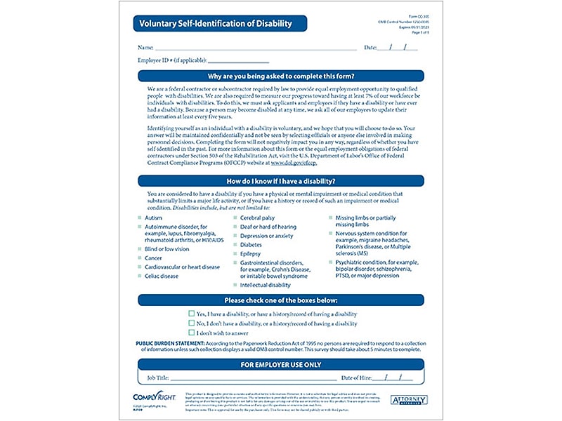 ComplyRight Voluntary Self-Identification of Disability Form, 25/Pack (A0109PK25)