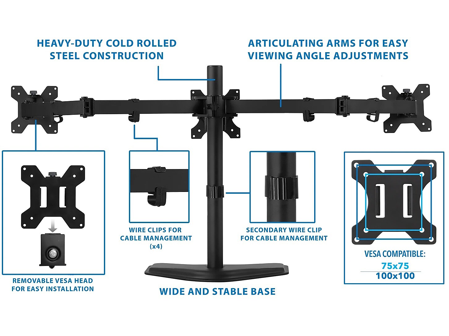 Mount-It! Adjustable Triple Monitor Stand, Up to 27", Black (MI-2789XL)