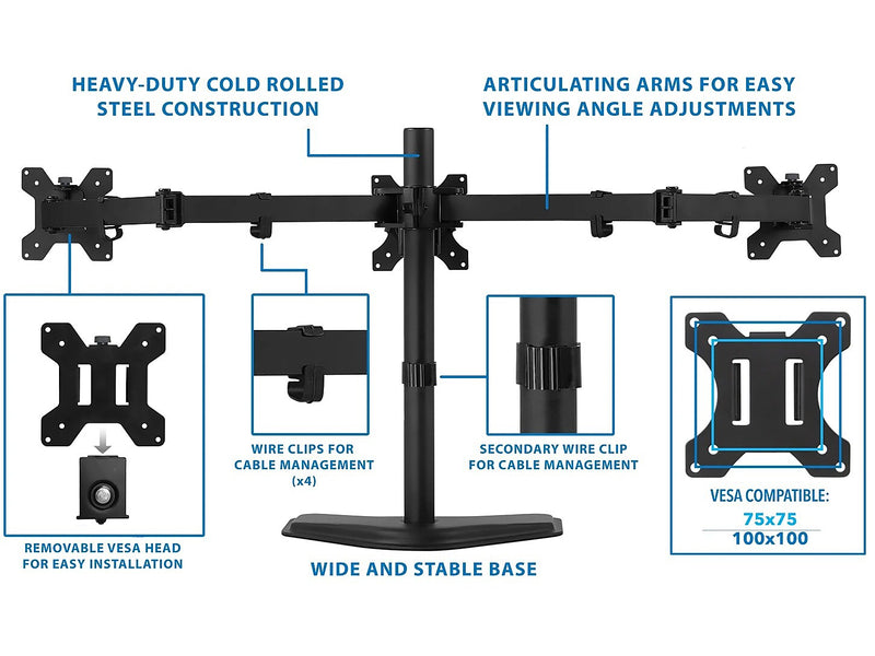 Mount-It! Adjustable Triple Monitor Stand, Up to 27", Black (MI-2789XL)