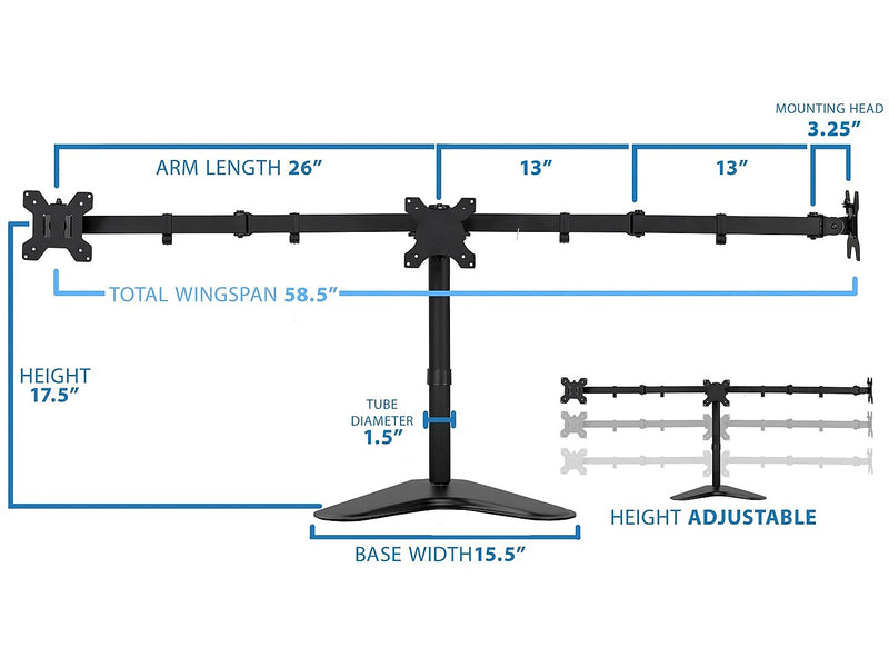 Mount-It! Adjustable Triple Monitor Stand, Up to 27", Black (MI-2789XL)