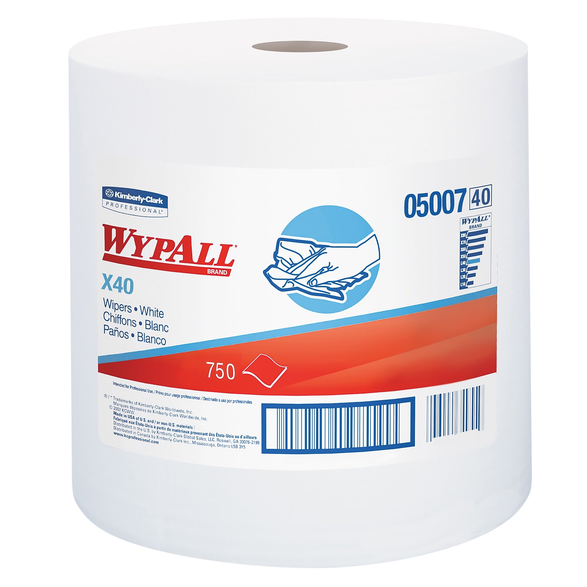 WypAll L40 Fabric Cleaning Wipers, 13.4" x 12.5", White, 750 Sheets/Roll, 750 Wipers/Box (05007)