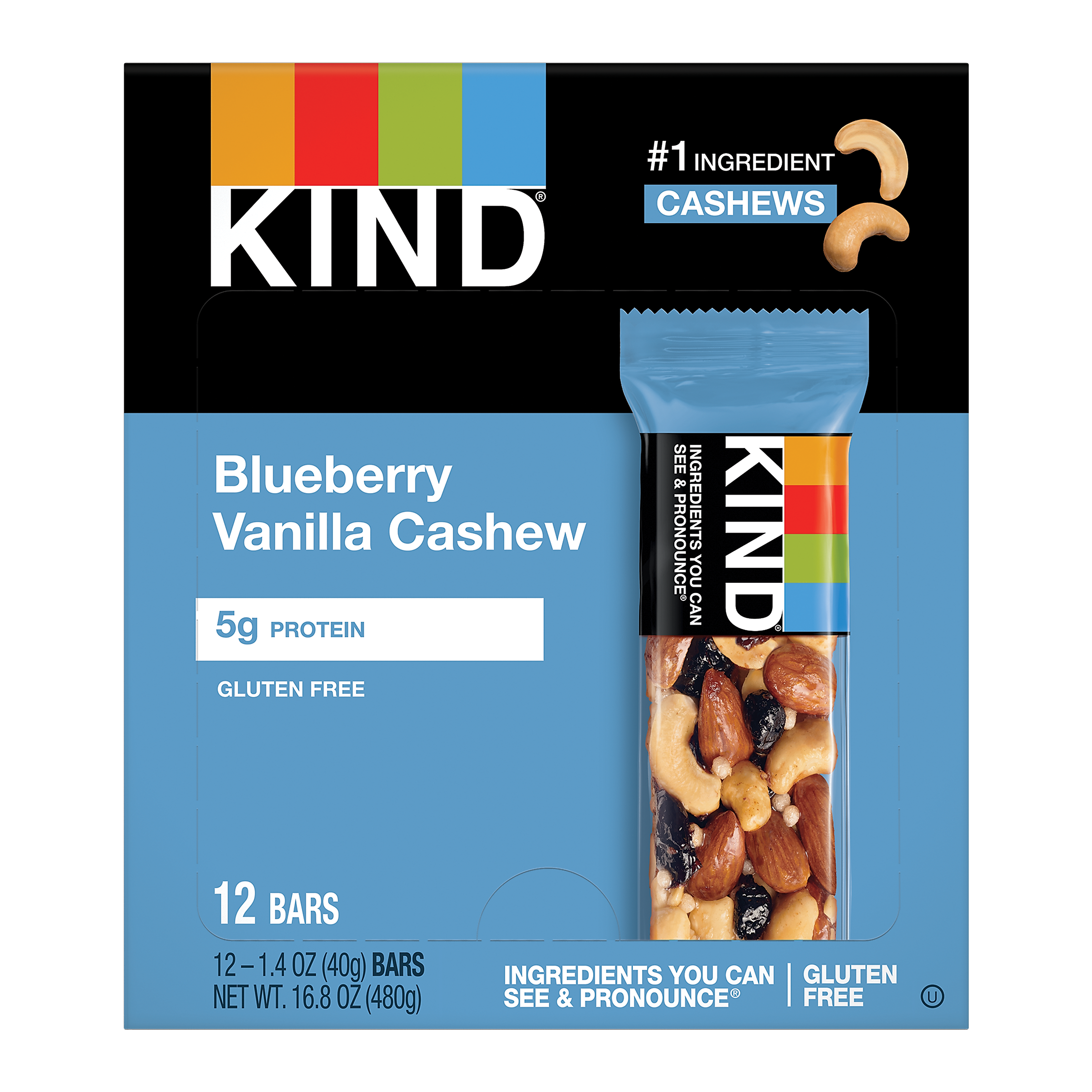 KIND Gluten Free Blueberry Vanilla Cashew Nut Bar, 12 Bars/Box (PHW18039)