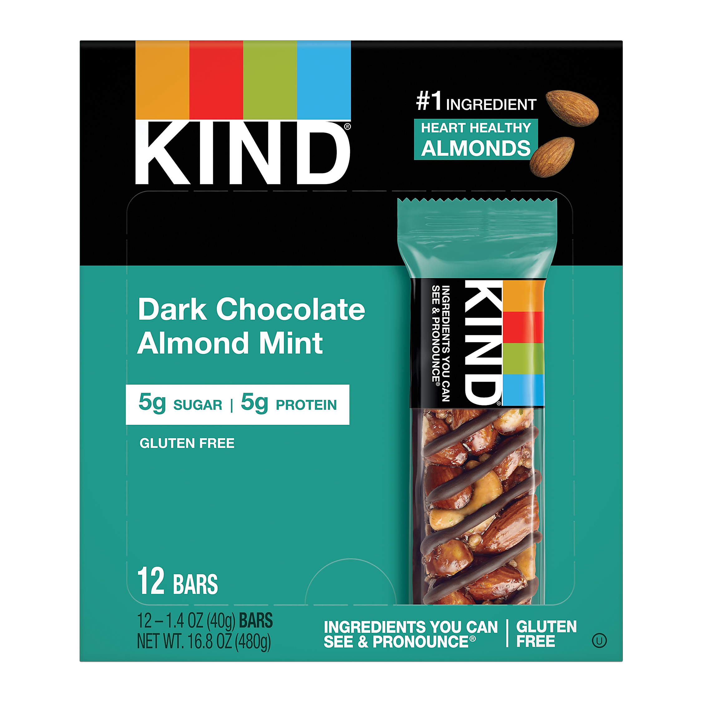KIND Gluten Free Dark Chocolate Almond Mint Nut Bar, 1.4 oz., 12 Bars/Box (KND19988)
