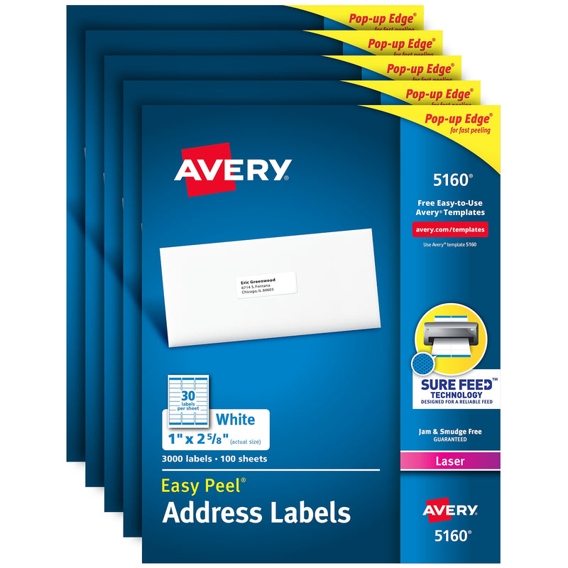 Avery Easy Peel Laser Address Labels, 1" x 2-5/8", White, 15,000 Labels/Carton (5160CT)