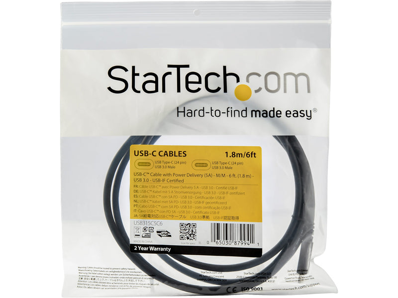 StarTech USB315C5C6 6' USB-C Cable, Black