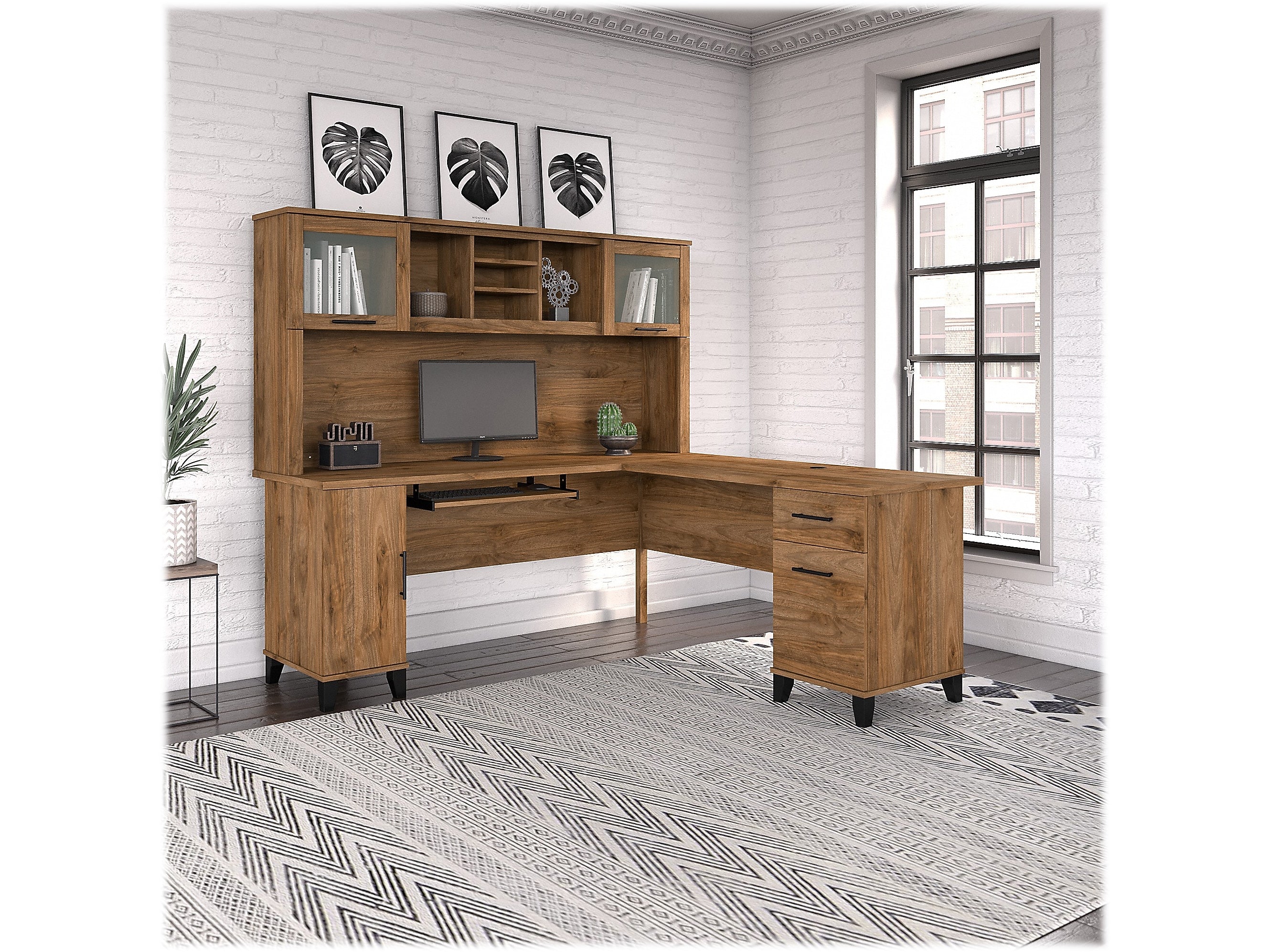 Bush Furniture Somerset 72"W L Shaped Desk with Hutch, Fresh Walnut (SET001FW)