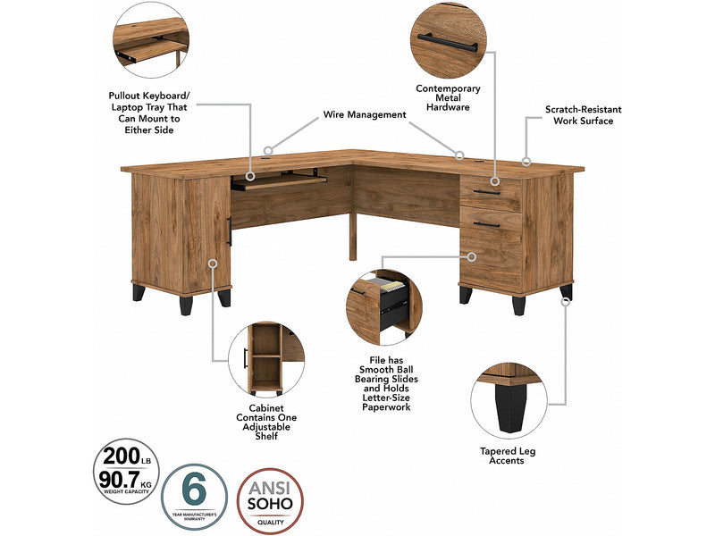 Bush Furniture Somerset 72"W L Shaped Desk with Hutch, Fresh Walnut (SET001FW)