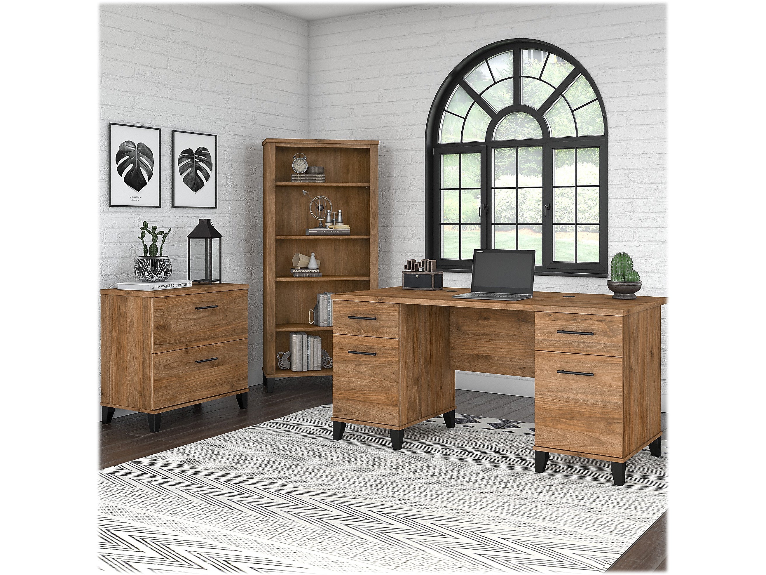 Bush Furniture Somerset 60" Computer Desk with Lateral File Cabinet and 5-Shelf Bookcase, Fresh Walnut (SET013FW)