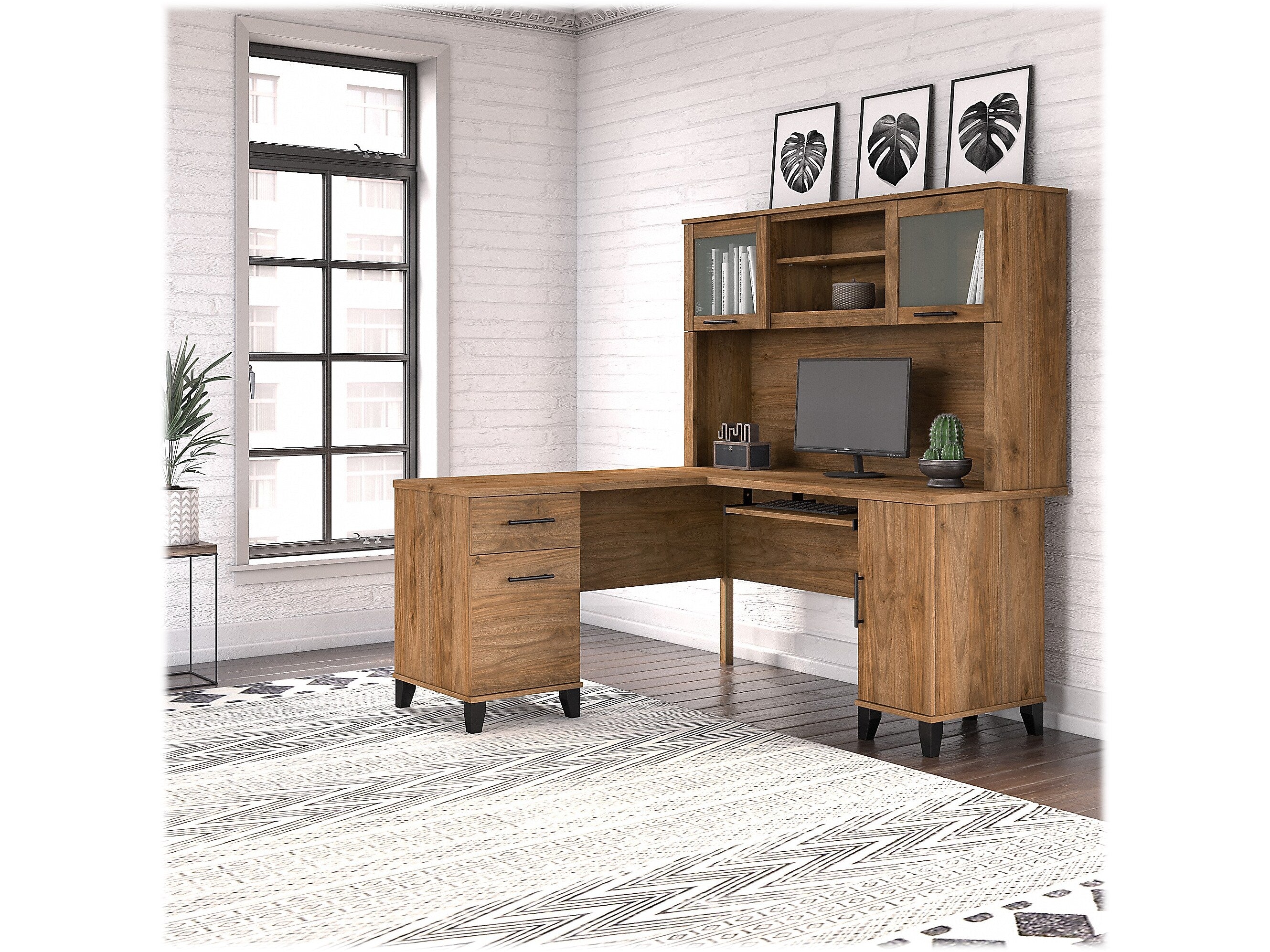 Bush Furniture Somerset 60"W L Shaped Desk with Hutch, Fresh Walnut (SET002FW)