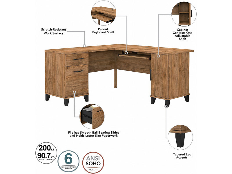 Bush Furniture Somerset 60"W L Shaped Desk with Hutch, Fresh Walnut (SET002FW)