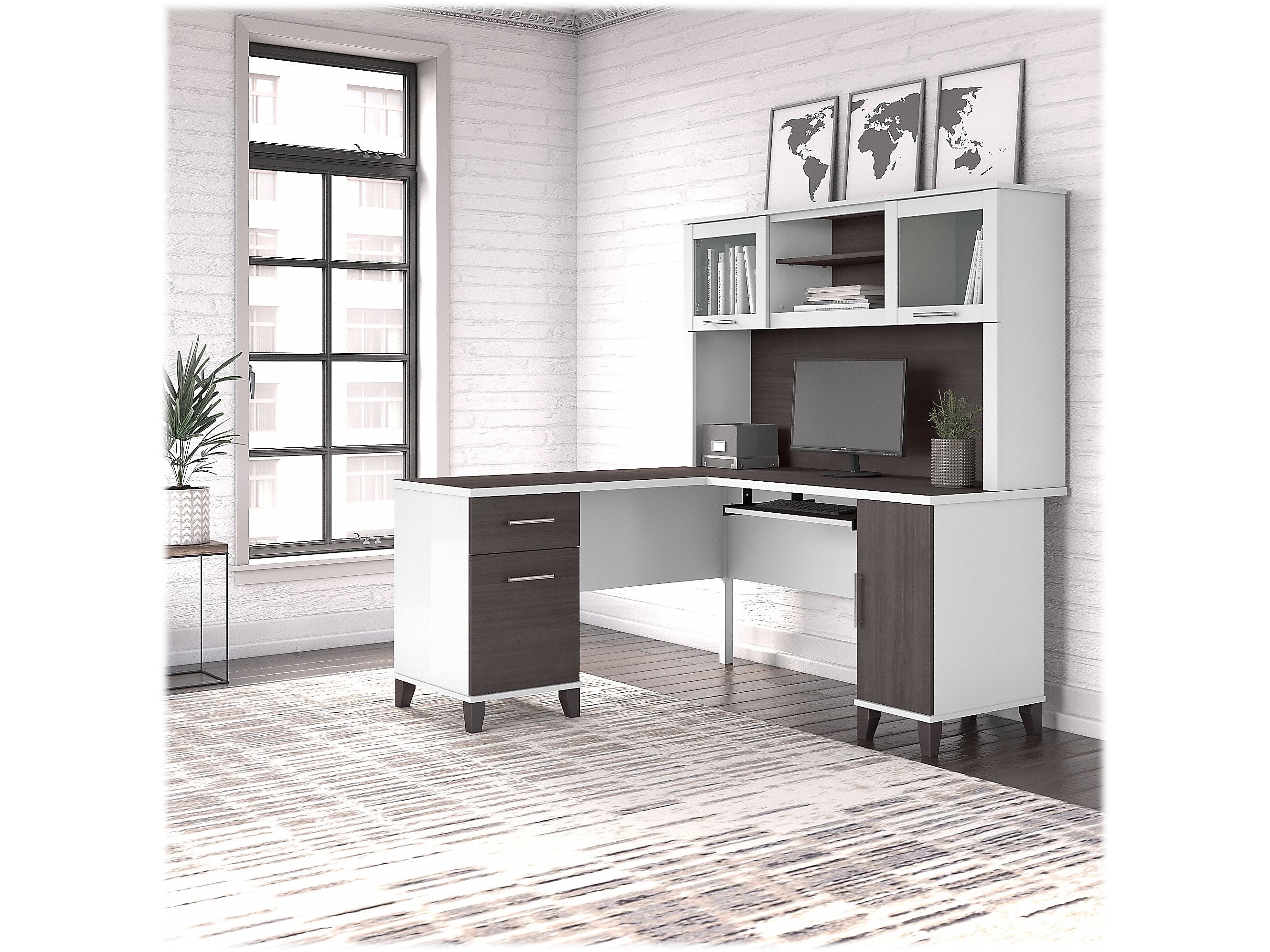 Bush Furniture Somerset 60" L-Shaped Desk with Hutch, Storm Gray/White (SET002SGWH)