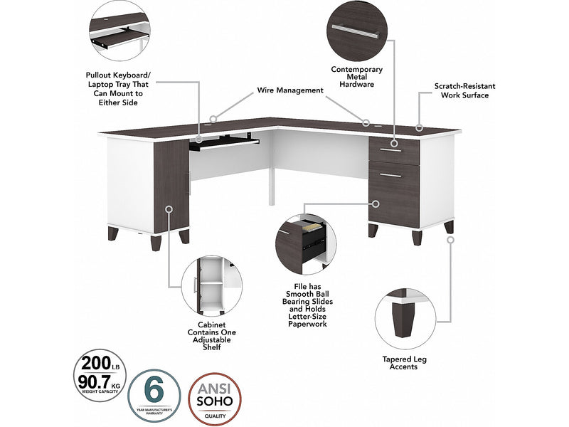 Bush Furniture Somerset 72"W L Shaped Desk with Hutch, Storm Gray/White (SET001SGWH)