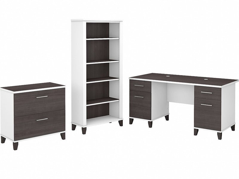 Bush Furniture Somerset 60" Computer Desk with Lateral File Cabinet and 5-Shelf Bookcase, Storm Gray/White (SET013SGWH)