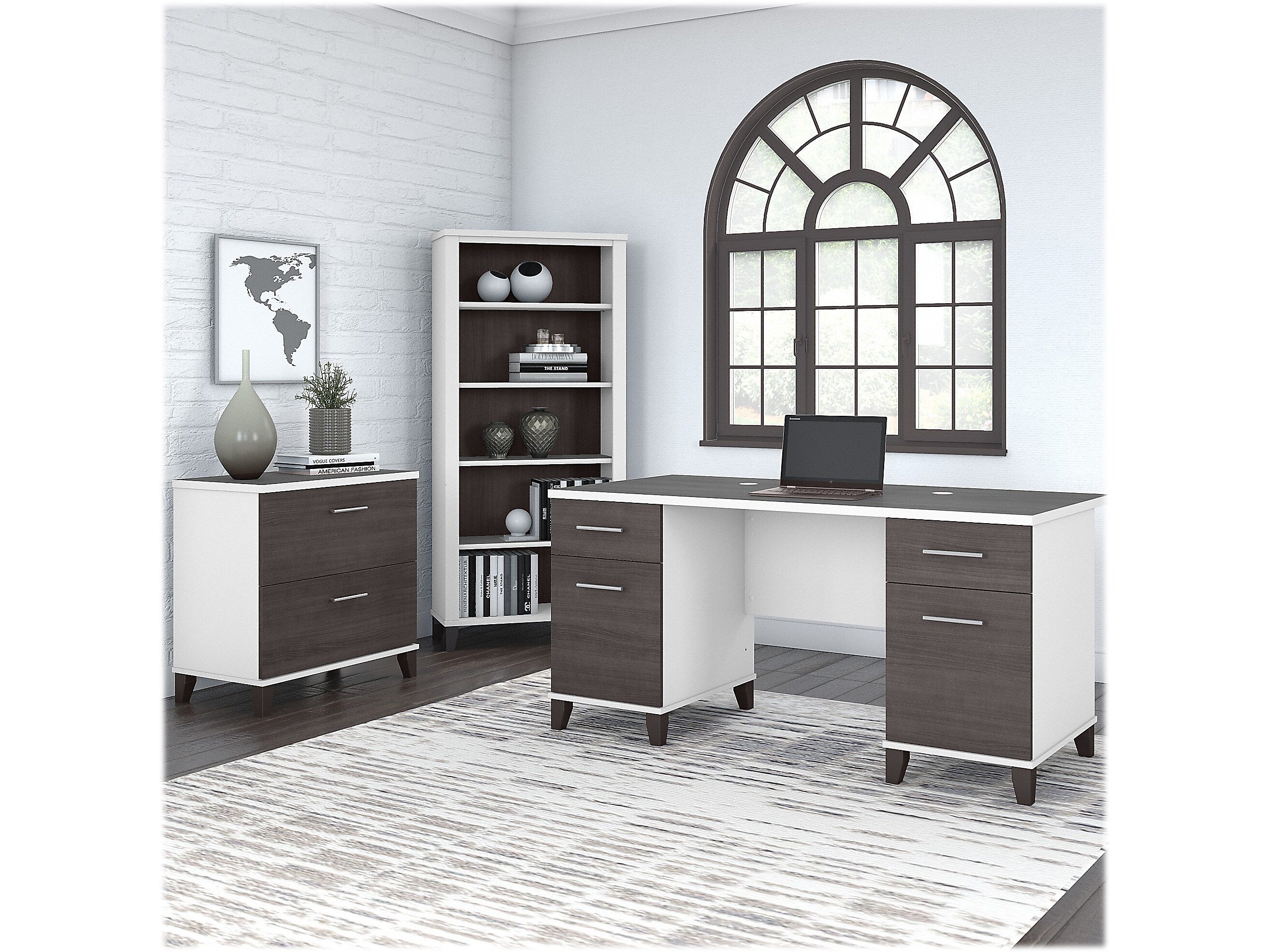 Bush Furniture Somerset 60" Computer Desk with Lateral File Cabinet and 5-Shelf Bookcase, Storm Gray/White (SET013SGWH)