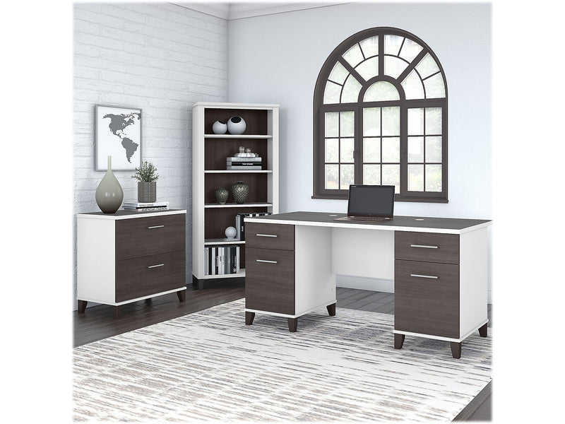 Bush Furniture Somerset 60" Computer Desk with Lateral File Cabinet and 5-Shelf Bookcase, Storm Gray/White (SET013SGWH)