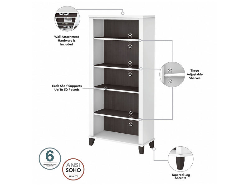 Bush Furniture Somerset 60" Computer Desk with Lateral File Cabinet and 5-Shelf Bookcase, Storm Gray/White (SET013SGWH)