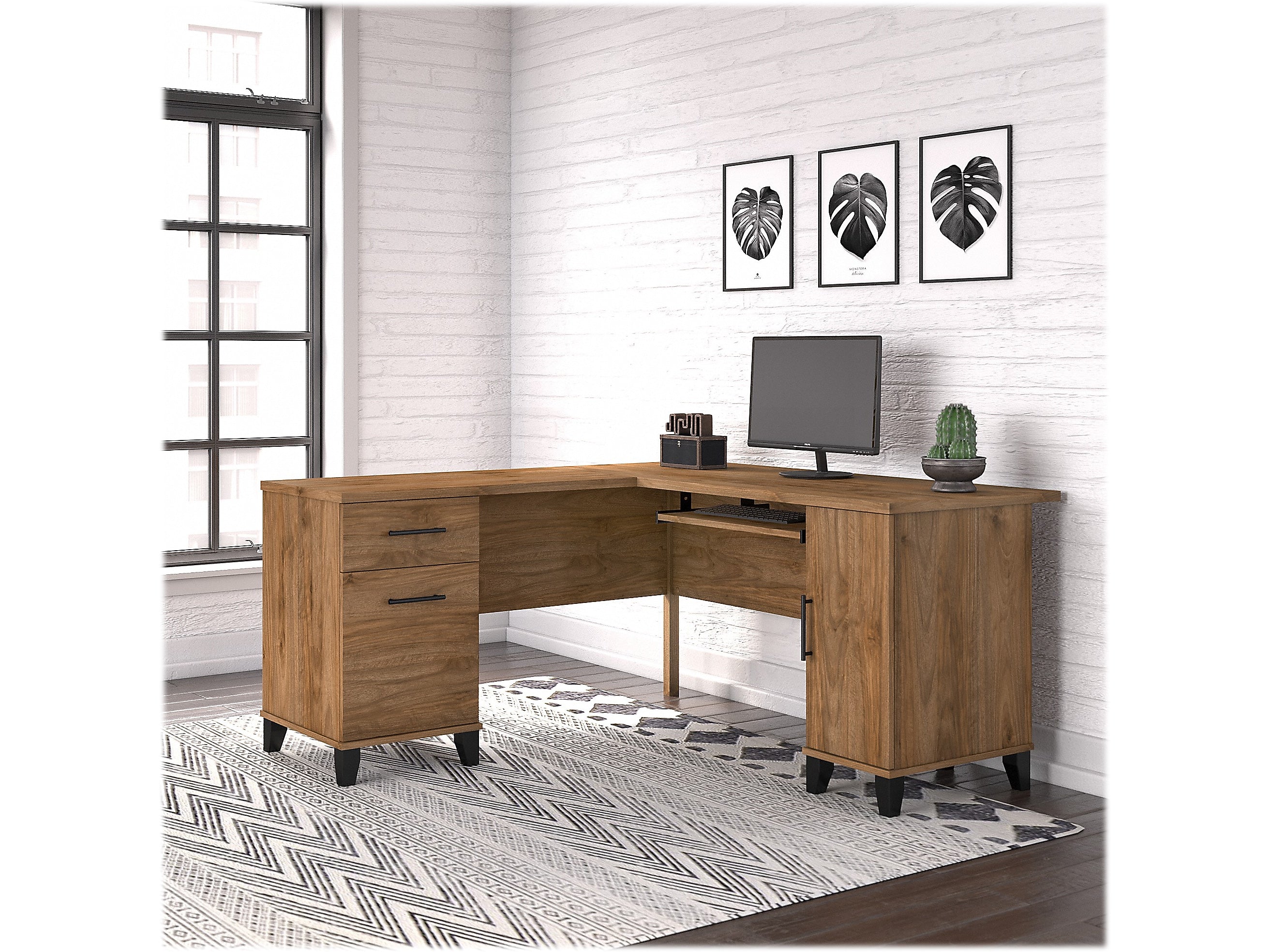 Bush Furniture Somerset 60"W L Shaped Desk with Storage, Fresh Walnut (WC81330K)