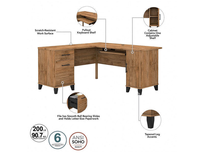 Bush Furniture Somerset 60"W L Shaped Desk with Storage, Fresh Walnut (WC81330K)