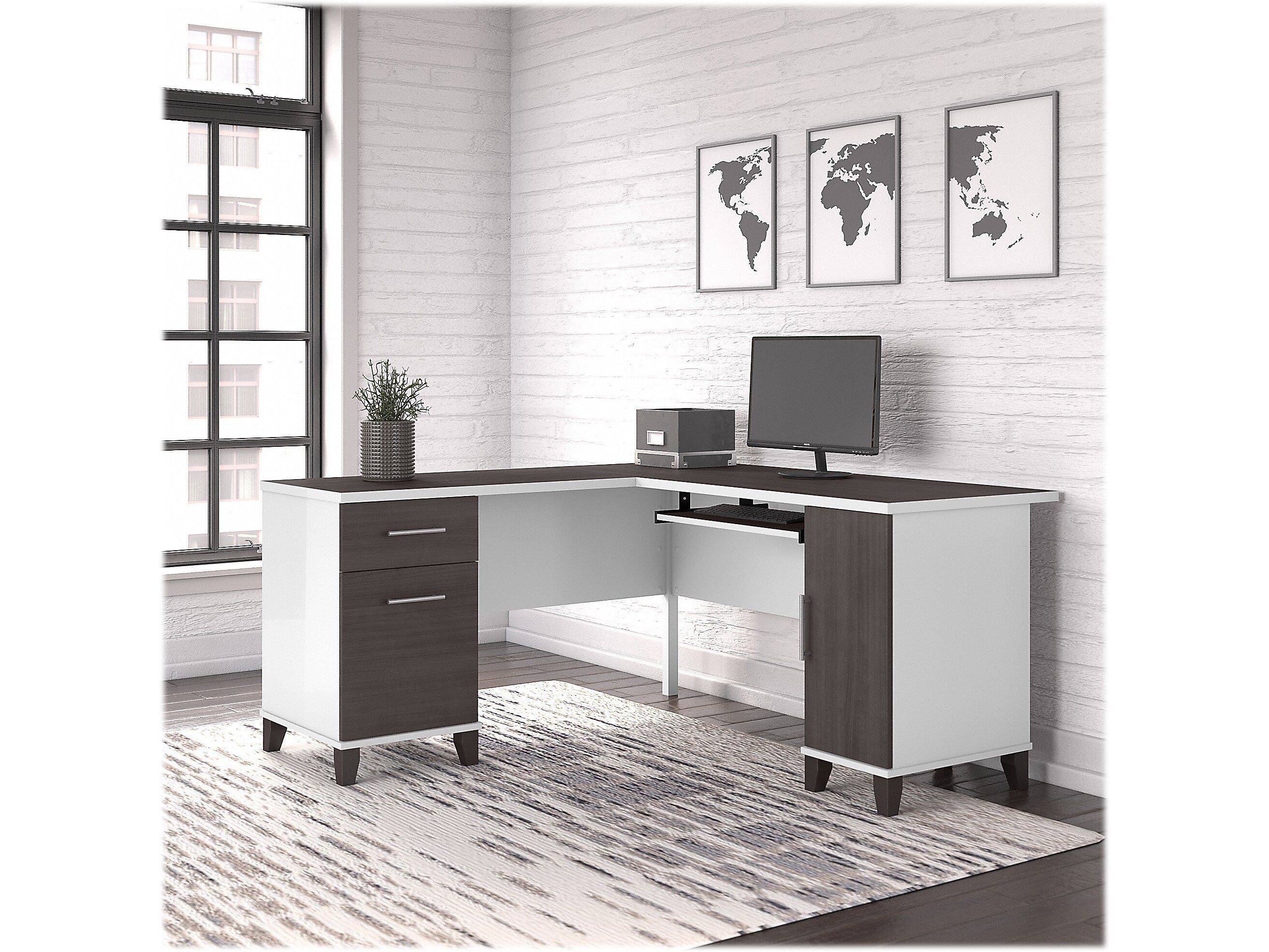 Bush Furniture Somerset 60"W L Shaped Desk with Storage, Storm Gray/White (WC81030K)