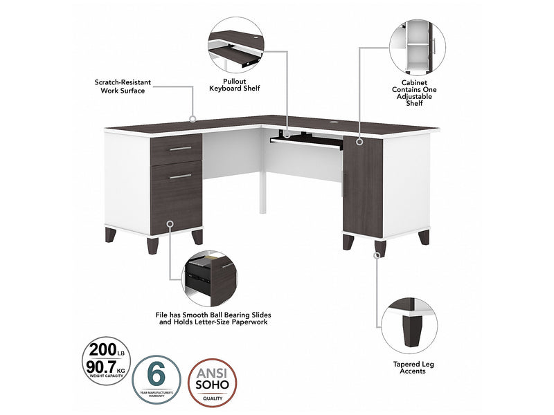 Bush Furniture Somerset 60"W L Shaped Desk with Storage, Storm Gray/White (WC81030K)