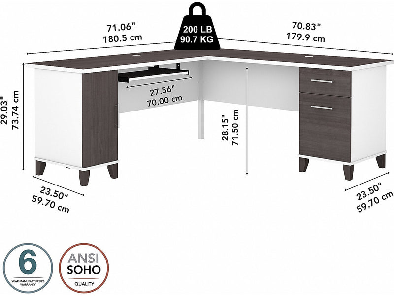 Bush Furniture Somerset 72"W L Shaped Desk with Storage, Storm Gray/White (WC81010K)