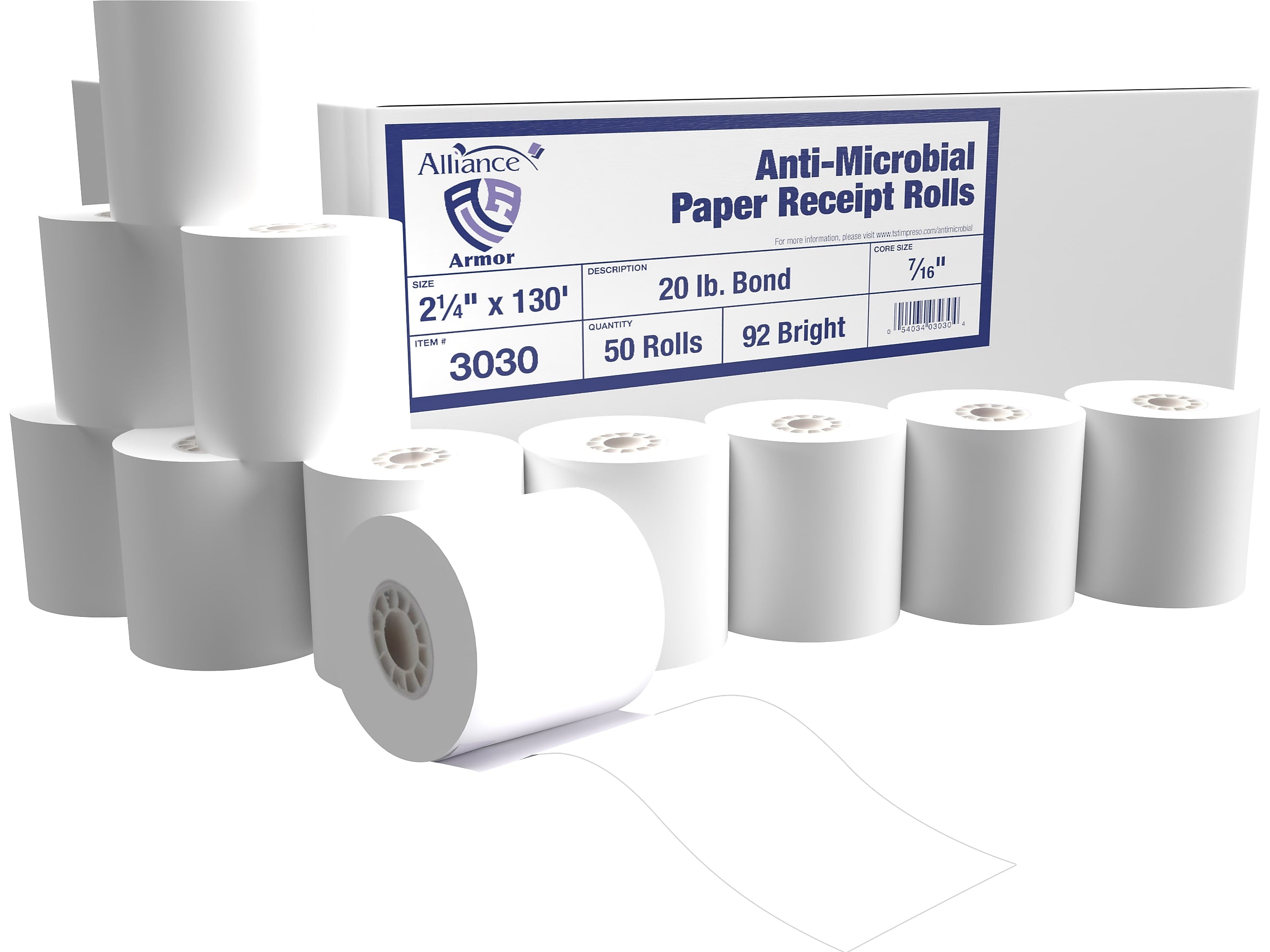 Alliance Armor Receipt Paper Roll, 2.25" x 130', 50/Carton (3030)