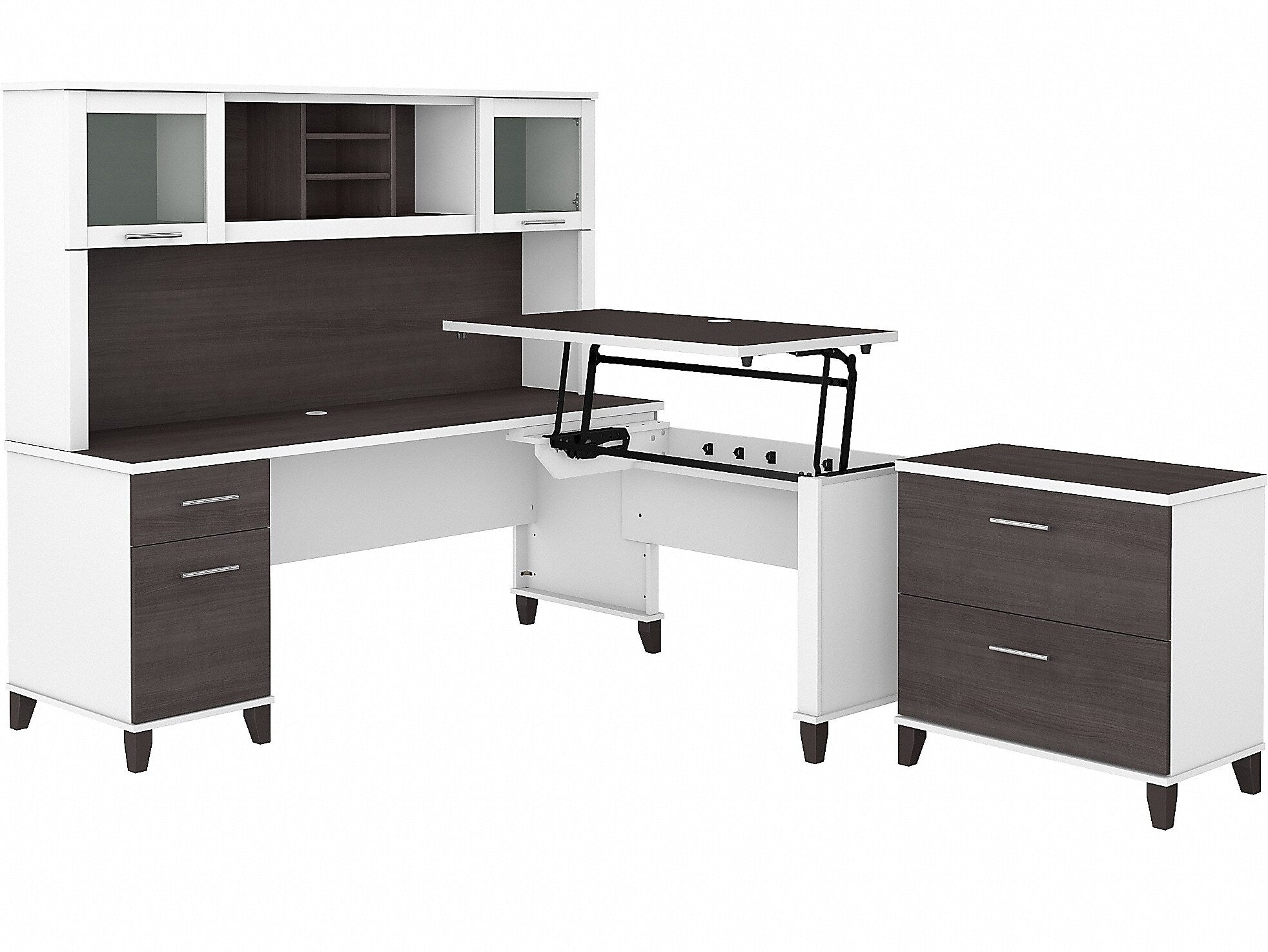 Bush Furniture Somerset 72"W 3 Position Sit to Stand L Shaped Desk with Hutch and File Cabinet, Storm Gray/White (SET016SGWH)