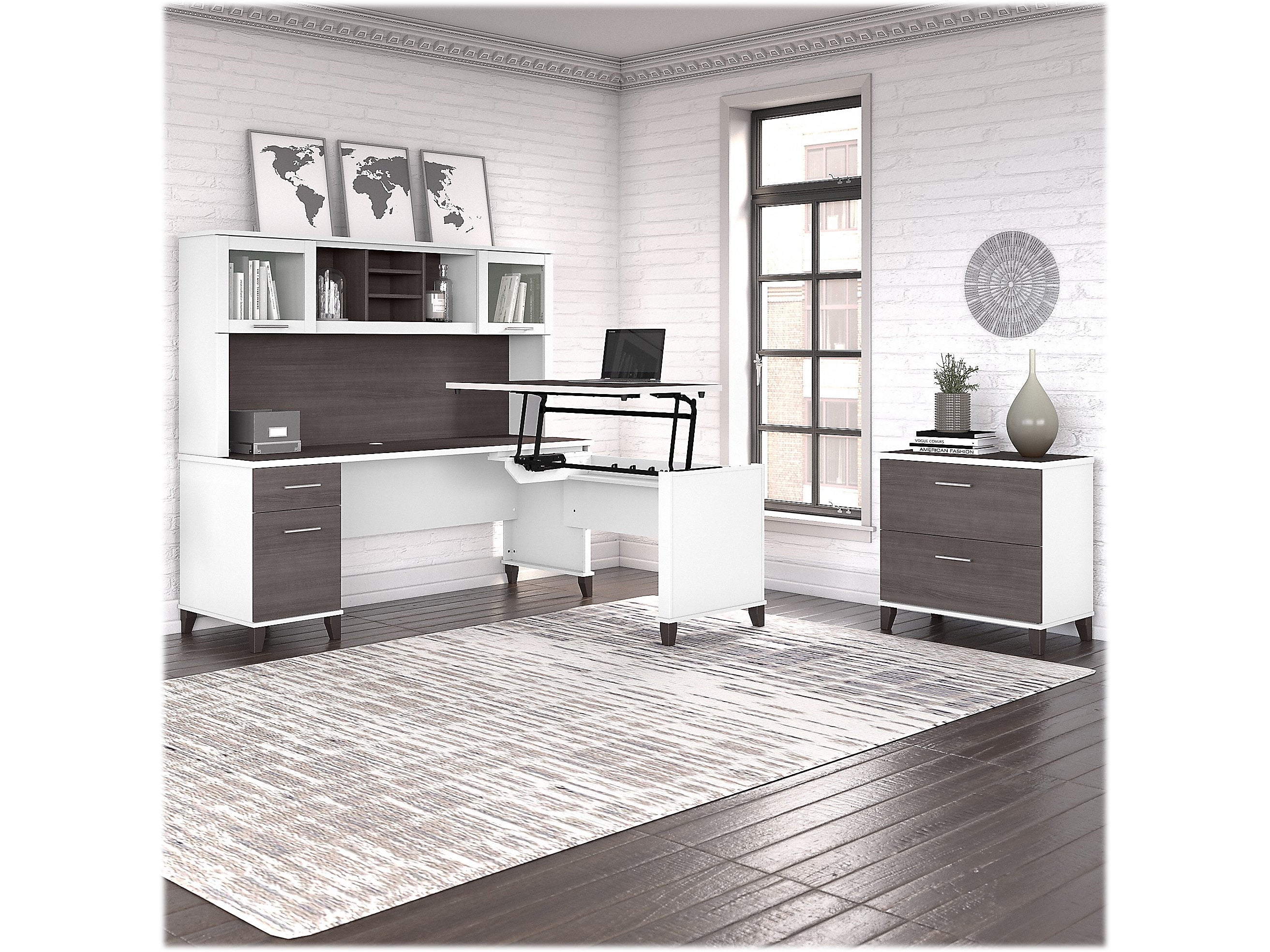 Bush Furniture Somerset 72"W 3 Position Sit to Stand L Shaped Desk with Hutch and File Cabinet, Storm Gray/White (SET016SGWH)
