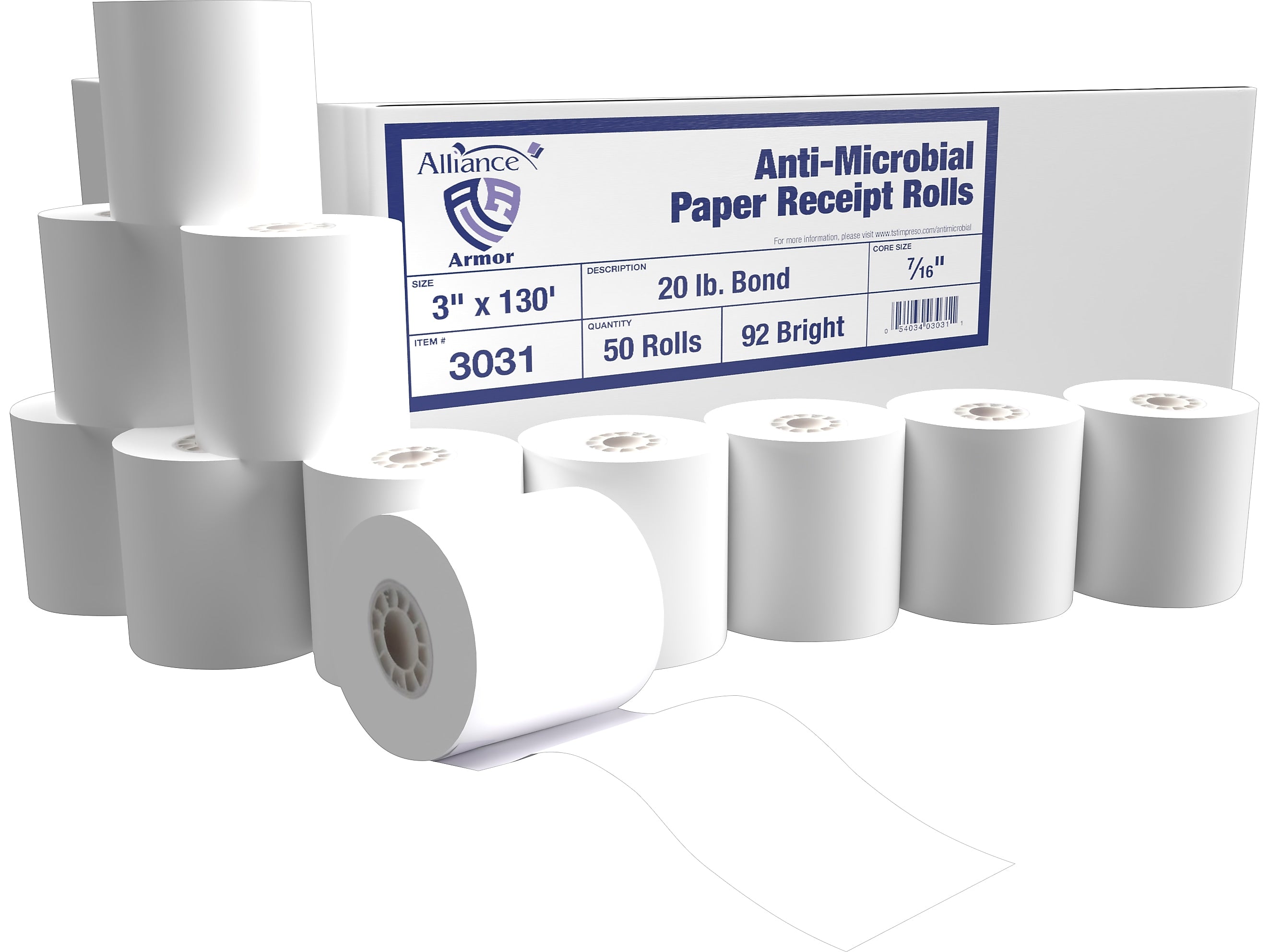 Alliance Armor Receipt Paper Roll, 3" x 130', 50 Rolls/Carton (3031)