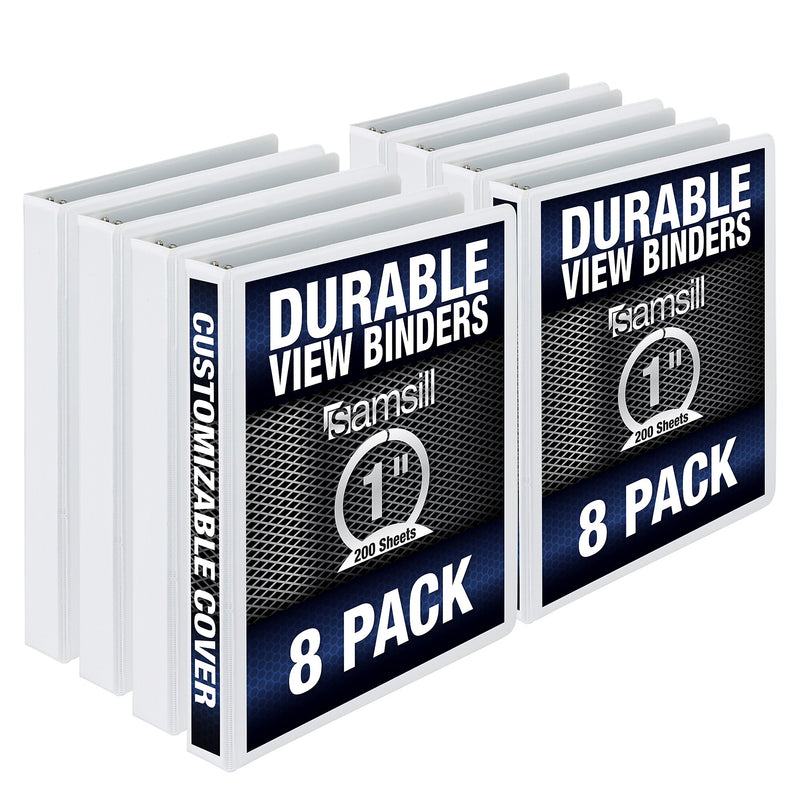 Samsill Durable 1" View Ring Binders, D-Ring, Made in USA, White, 8/Pack (S88437)