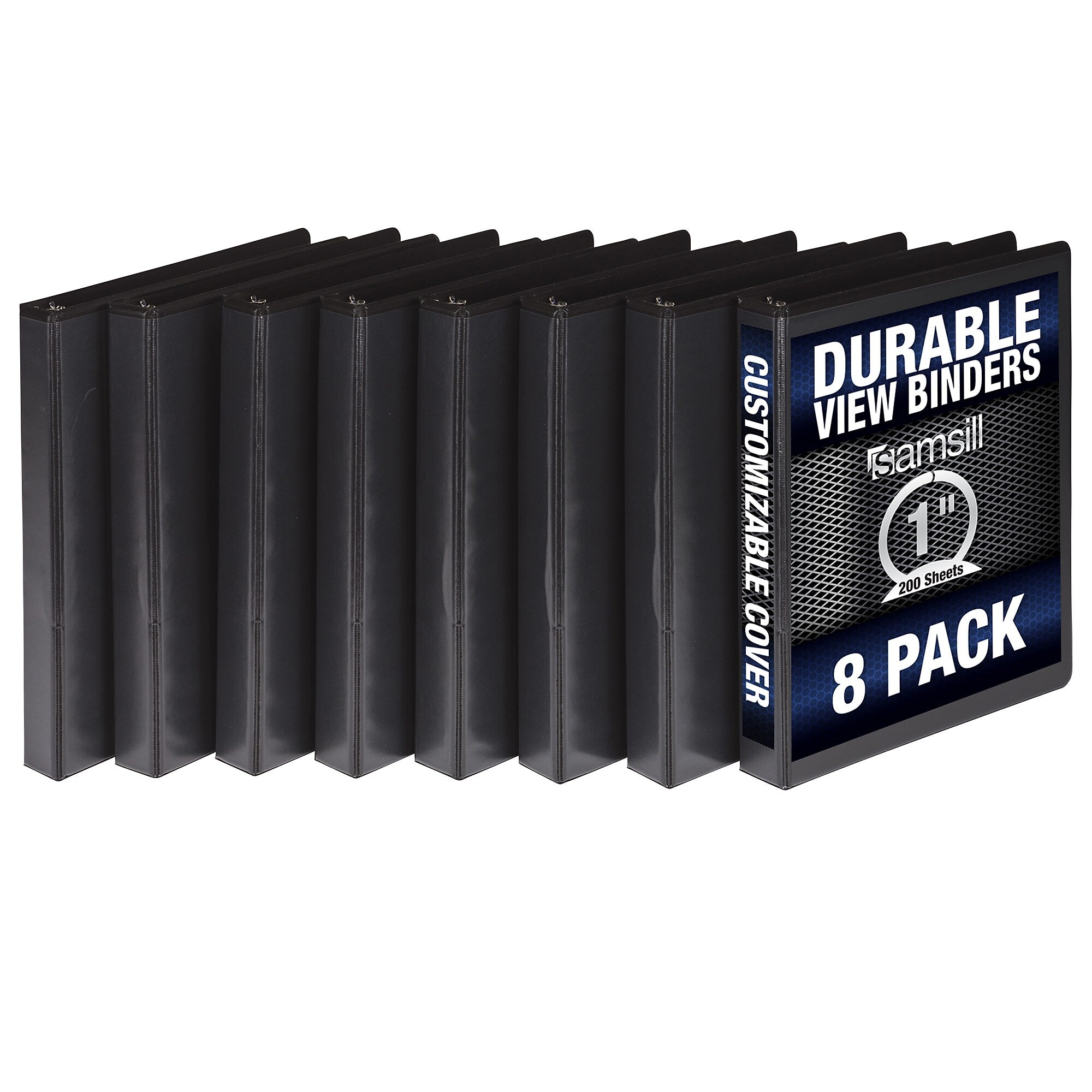 Samsill Durable 1" View Ring Binders, D-Ring, Made in USA, Black, 8/Pack (S88430)