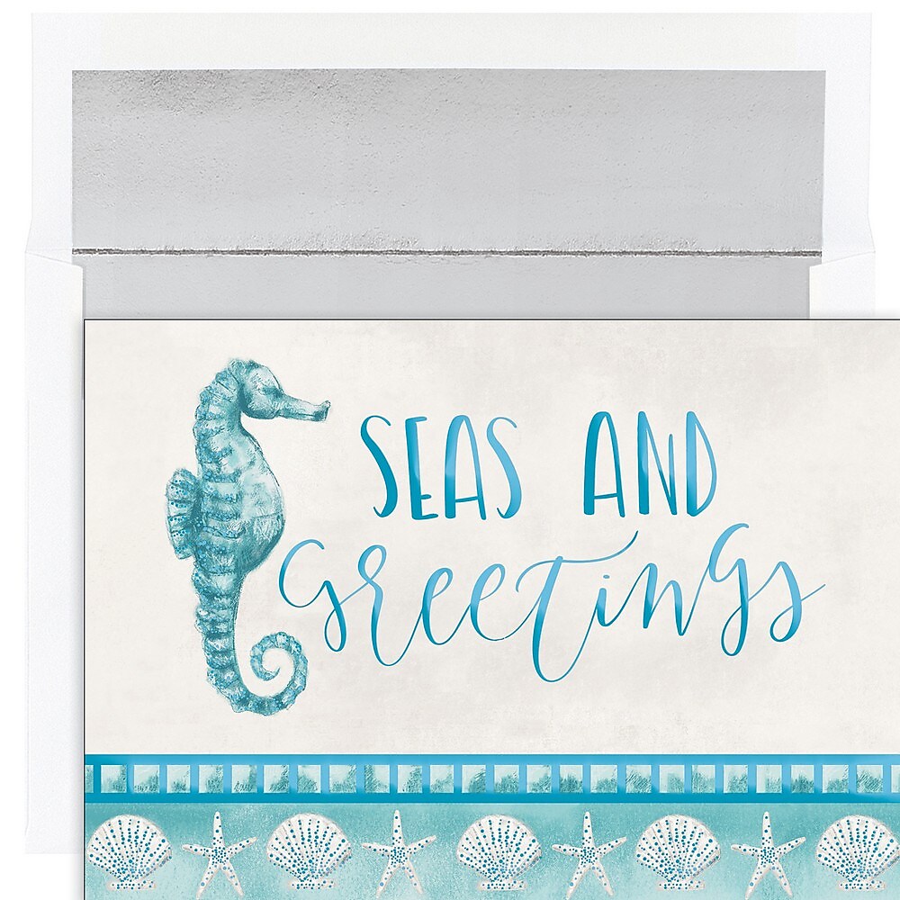 JAM PAPER Christmas Cards & Matching Envelopes Set, 7 6/7" x 5 5/8", Seas & Greetings, 18/Pack (526940900)