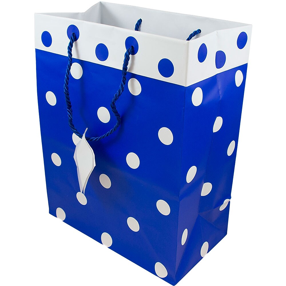 JAM Paper Gift Bags with Rope Handles, 10" x 13" x 6", Blue/White Polka Dot, 24/Pack (4731730B)