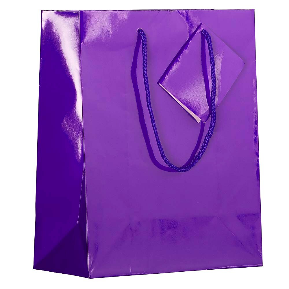 JAM Paper Glossy Gift Bag with Rope Handles, 8" x 4" x 10", Purple, 3 Bags/Pack (672GLPUB)