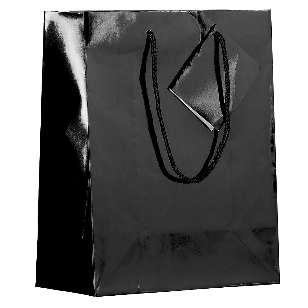 JAM Paper Glossy Gift Bag with Rope Handles, 8" x 4" x 10", Black, 3 Bags/Pack (672GLBLB)