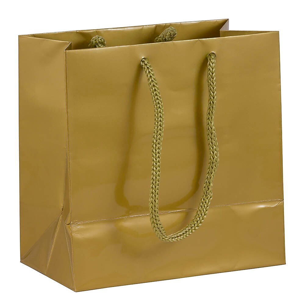 JAM Paper Glossy Gift Bag with Rope Handles, 6.5" x 6.5" x 3.5", Gold, 3 Bags/Pack (896GLGOA)