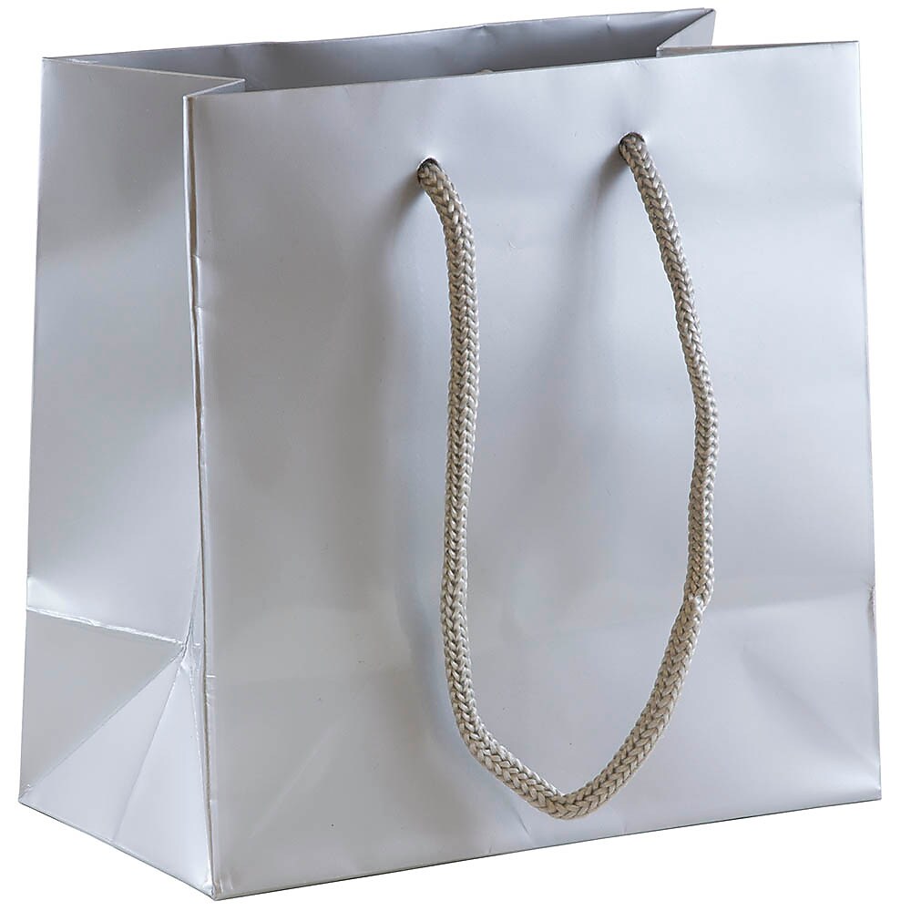 JAM Paper Glossy Gift Bag with Rope Handles, 6.5" x 6.5" x 3.5", Silver, 3 Bags/Pack (896GLSIA)
