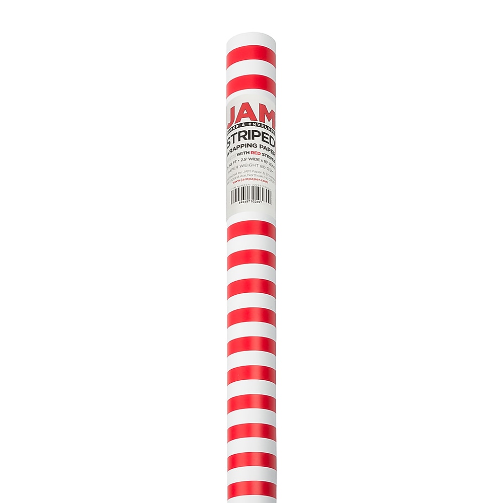 JAM Paper Wrapping Paper, 25 Sq. ft. x 30", Red & White Stripes, 2/Pack (2226517000C)