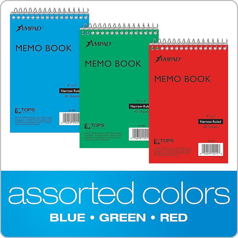 Ampad Memo Books, 4" x 6", Narrow Ruled, Assorted Colors, 40 Sheets/Pad, 3 Pads/Pack (AMP45094)