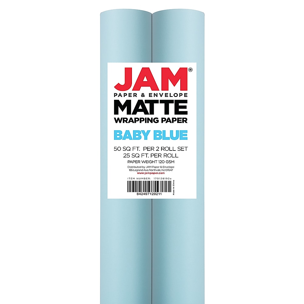 JAM Paper Wrapping Paper, 25 Sq. ft. x 30", Matte Light Baby Blue/Pool Blue, 2/Pack (170128192A)