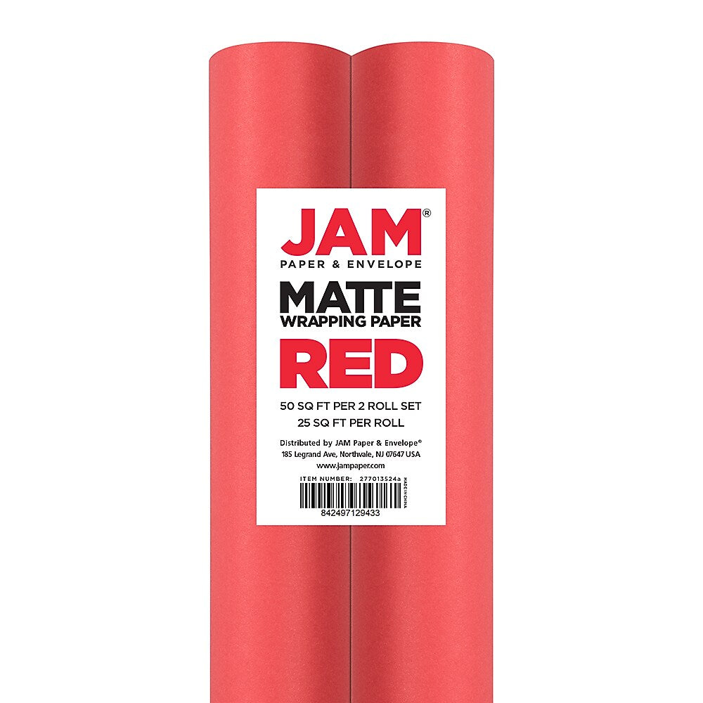 JAM Paper Wrapping Paper, 25 Sq. ft. x 30", Matte Red, 2/Pack (277013524A)