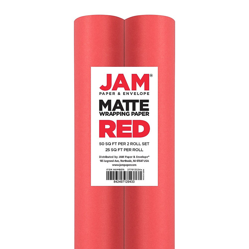 JAM Paper Wrapping Paper, 25 Sq. ft. x 30", Matte Red, 2/Pack (277013524A)