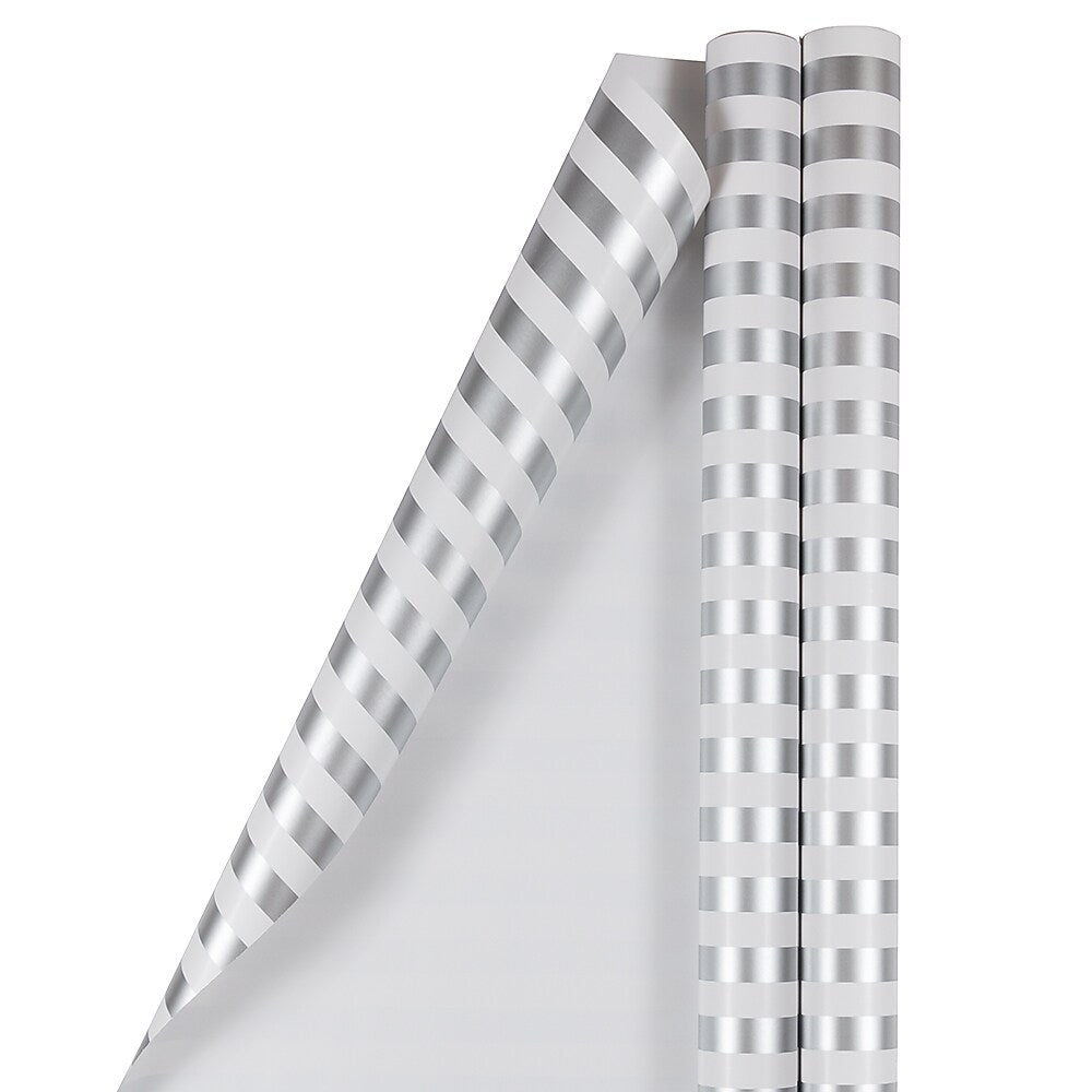 JAM Paper Wrapping Paper, 25 Sq. ft. x 30", Silver & White Stripes, 2/Pack (2226517002A)