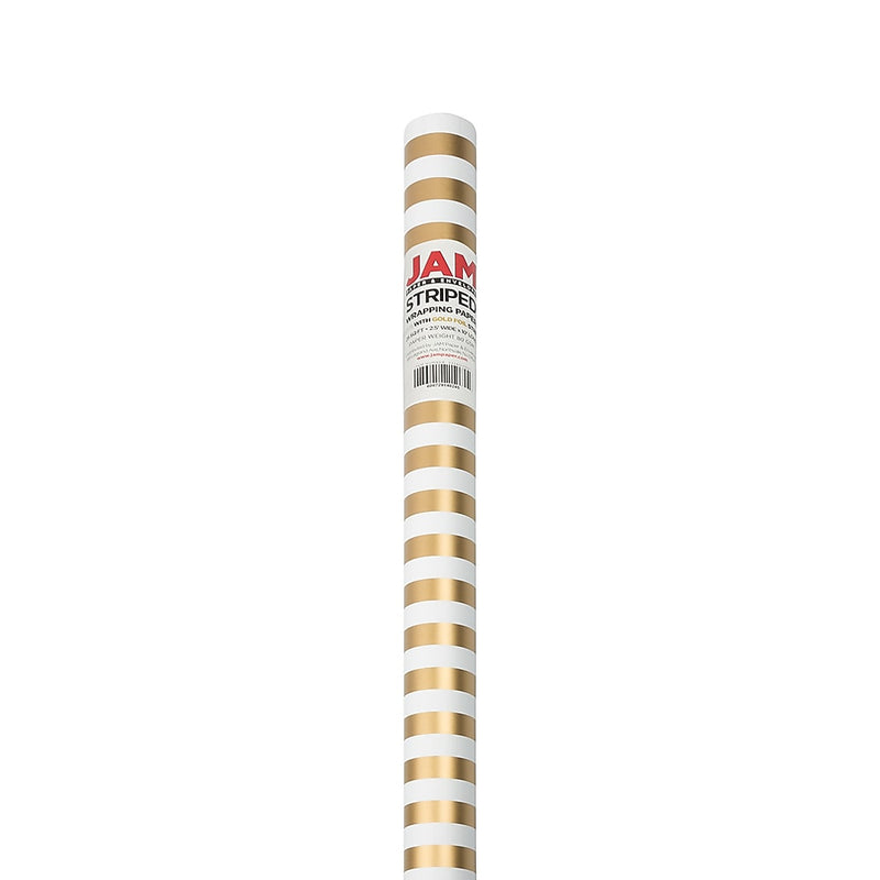 JAM Paper Wrapping Paper, 25 Sq. ft. x 30", Gold & White Stripes, 2/Pack (2226517001A)