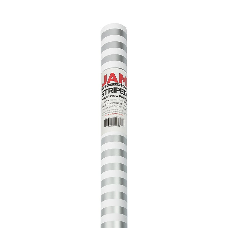 JAM Paper Wrapping Paper, 25 Sq. ft. x 30", Silver & White Stripes, 2/Pack (2226517002A)
