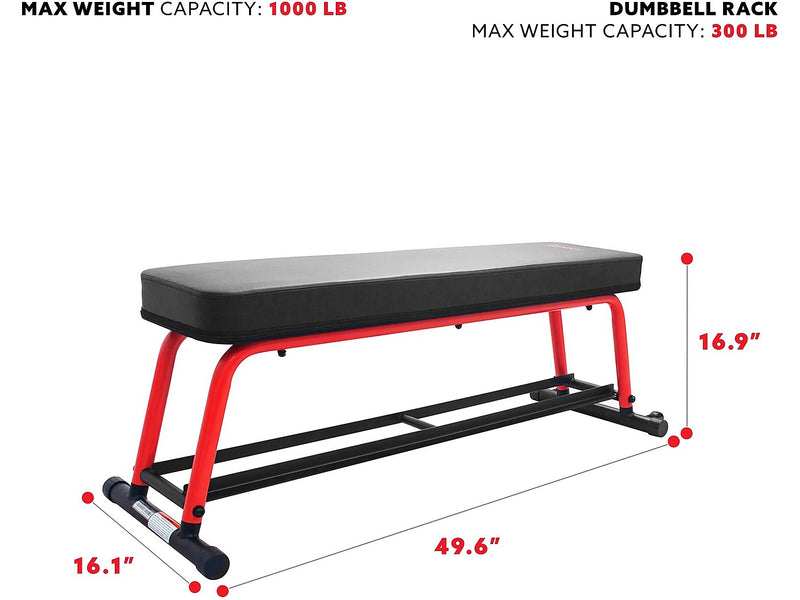 Sunny Health & Fitness Power Zone Black/Red Strength Flat Bench, 1000 Lbs. Weight Capacity (SF-BH6996)